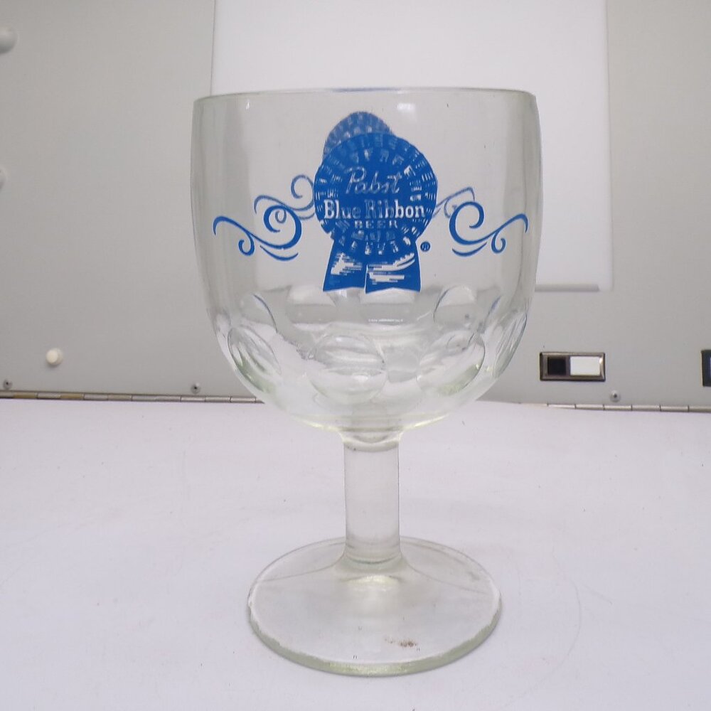 Vintage Pabst Blue Ribbon Beer Logo Thumbprint Goblet Clear Glass 1970’s